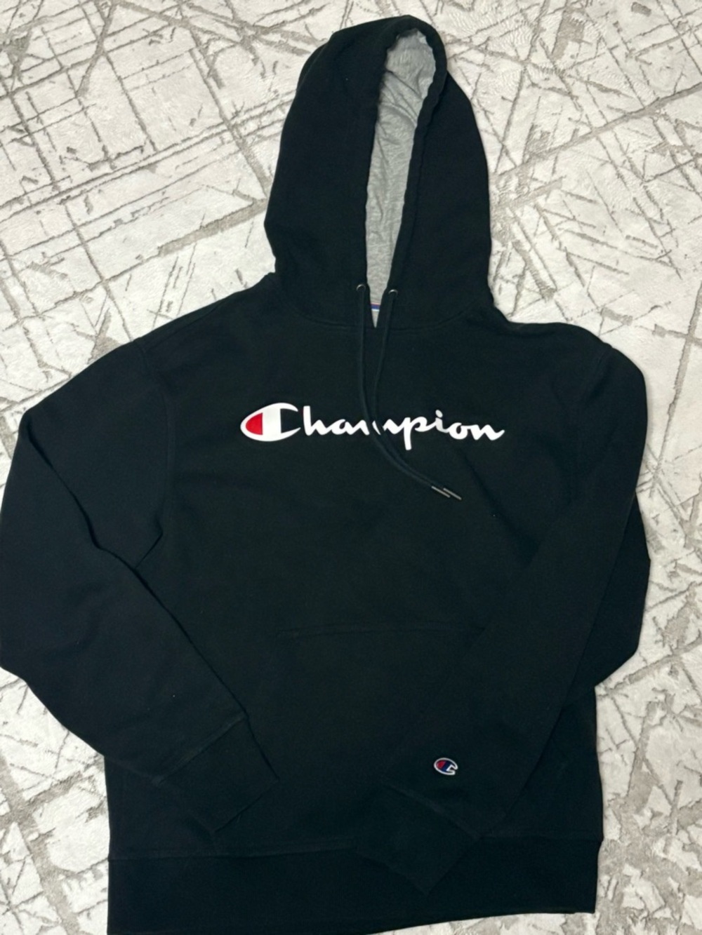 Champion Black Logo Hoodie. Medium.